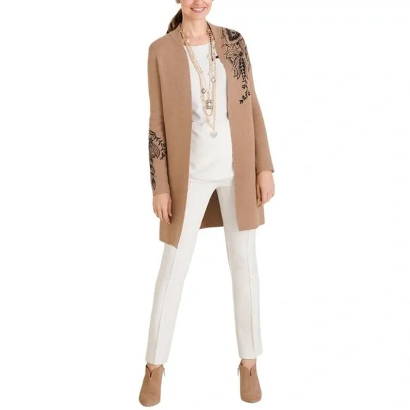 Chico's Long Camel Cardigan with Black Floral Embroidered Design EUC - Picture 2 of 12